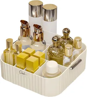 DASITON Acrylic Makeup Organizer,9 Slots Makeup Brush Holder,Makeup Storage with Handle,Vintage Striped Cosmetic Organizer for Desk Storage Container,Vanity,Bathroom(Cream)