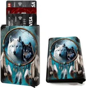DEGDFSGR Credit Card Holder Aluminum Auto Pop Up Wallet Case,Leather Card Case Front Pocket Trifold Wallet with RFID Blocking Banknote Slot Thin Wallets for Women Men Girl, Wind Chime Wolves