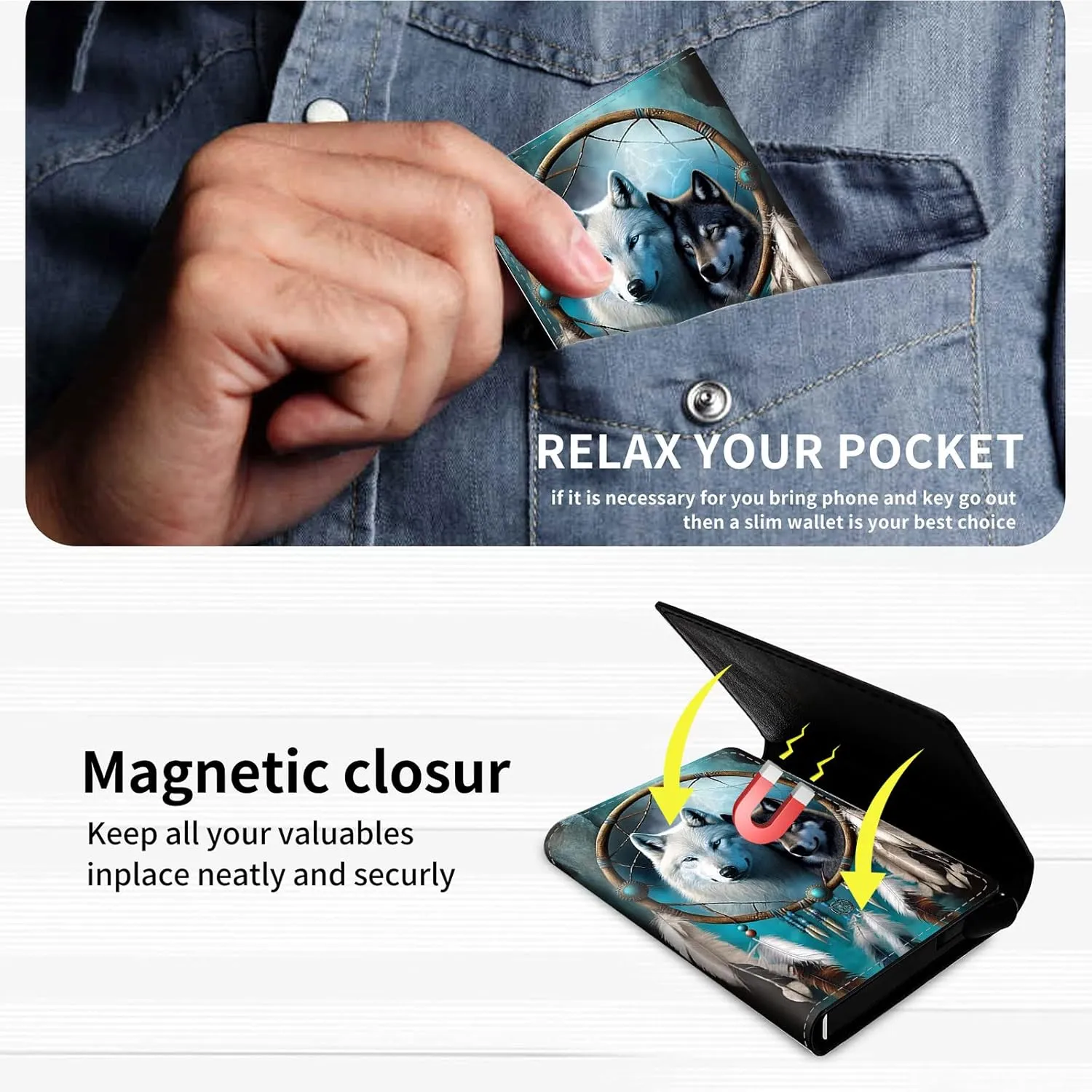 DEGDFSGR Credit Card Holder Aluminum Auto Pop Up Wallet Case,Leather Card Case Front Pocket Trifold Wallet with RFID Blocking Banknote Slot Thin Wallets for Women Men Girl, Wind Chime Wolves