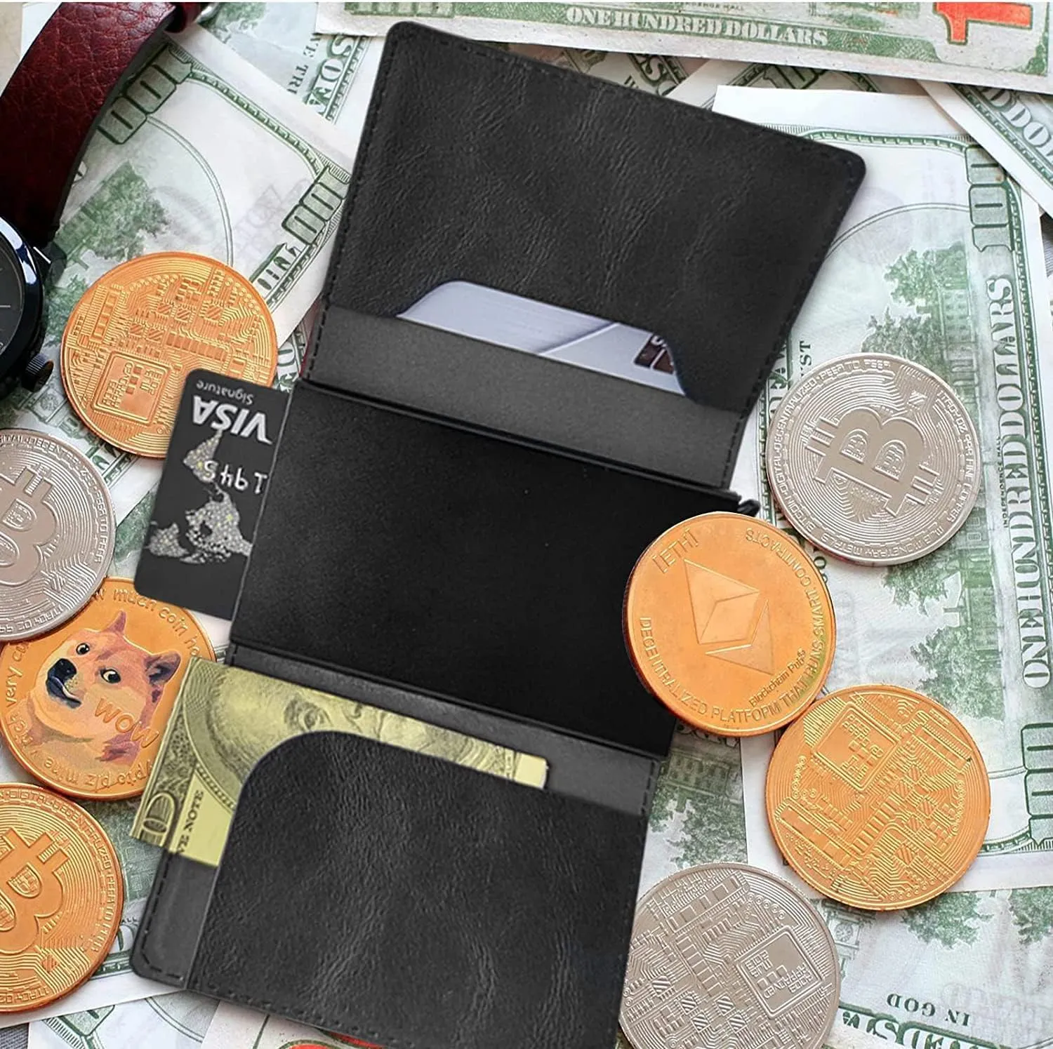 DEGDFSGR Credit Card Holder Aluminum Auto Pop Up Wallet Case,Leather Card Case Front Pocket Trifold Wallet with RFID Blocking Banknote Slot Thin Wallets for Women Men Girl, Wind Chime Wolves