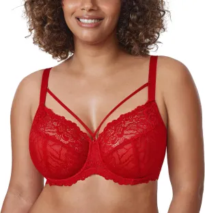 DELIMIRA Women's Plus Size Minimizer Bras Full Coverage Unlined Underwire Lace Bra B-K Cups