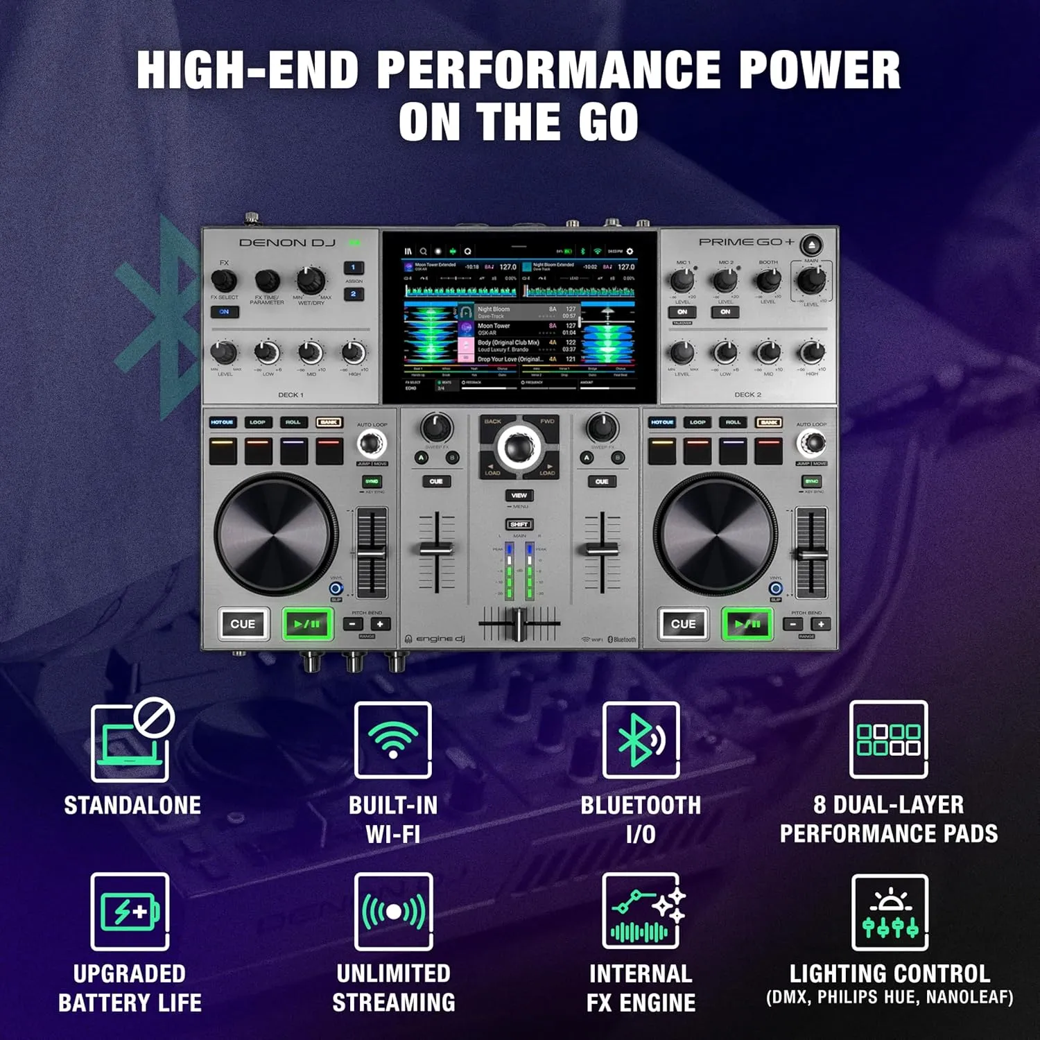 Denon DJ PRIME GO  Portable DJ Controller and Mixer with Stem Separation, 2 Decks, Wi-Fi Streaming, Bluetooth, Lights Control, 7" Screen and Battery