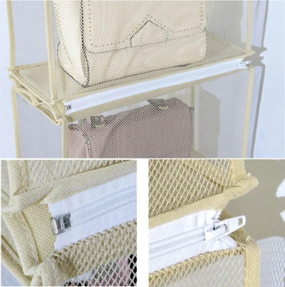 Detachable 4 Compartment Organizer Pouch Hanging Handbag Organizer Clear Purse Bag Collection Storage Holder Wardrobe Closet Space Saving Organizers System for Living Room Bedroom Home Use (Beige)