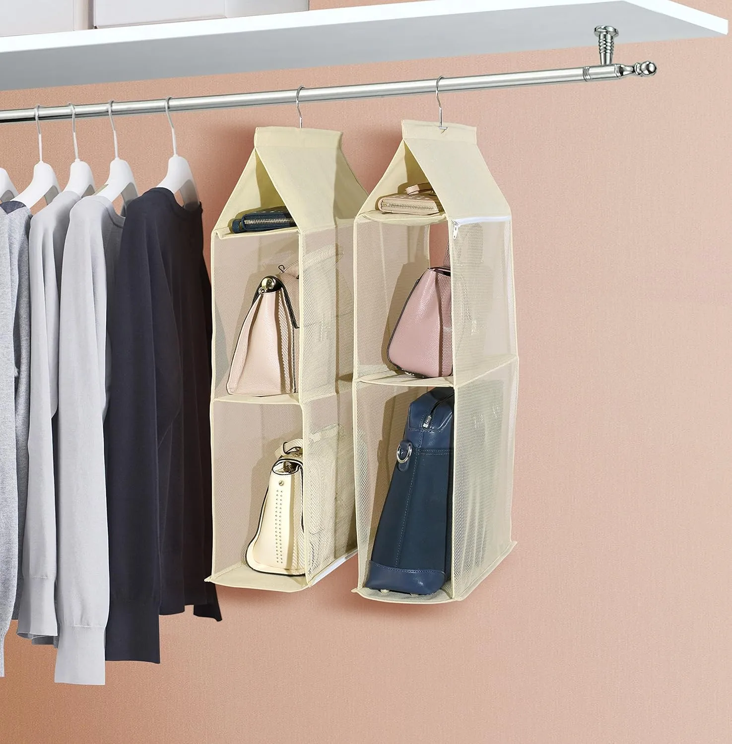 Detachable 4 Compartment Organizer Pouch Hanging Handbag Organizer Clear Purse Bag Collection Storage Holder Wardrobe Closet Space Saving Organizers System for Living Room Bedroom Home Use (Beige)
