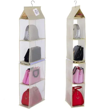 Detachable 4 Compartment Pouch Hanging Handbag Organizer Clear Purse Bag Storage Holder Wardrobe Closet Space Saving Organizers System for Living Room Bedroom(Pack of 2 Beige)