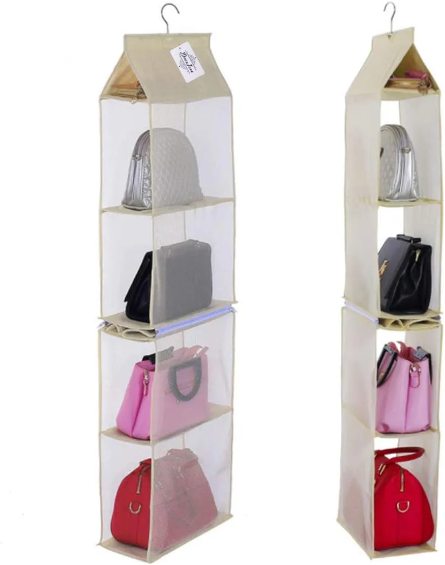 Detachable 4 Compartment Pouch Hanging Handbag Organizer Clear Purse Bag Storage Holder Wardrobe Closet Space Saving Organizers System for Living Room Bedroom(Pack of 2 Beige)