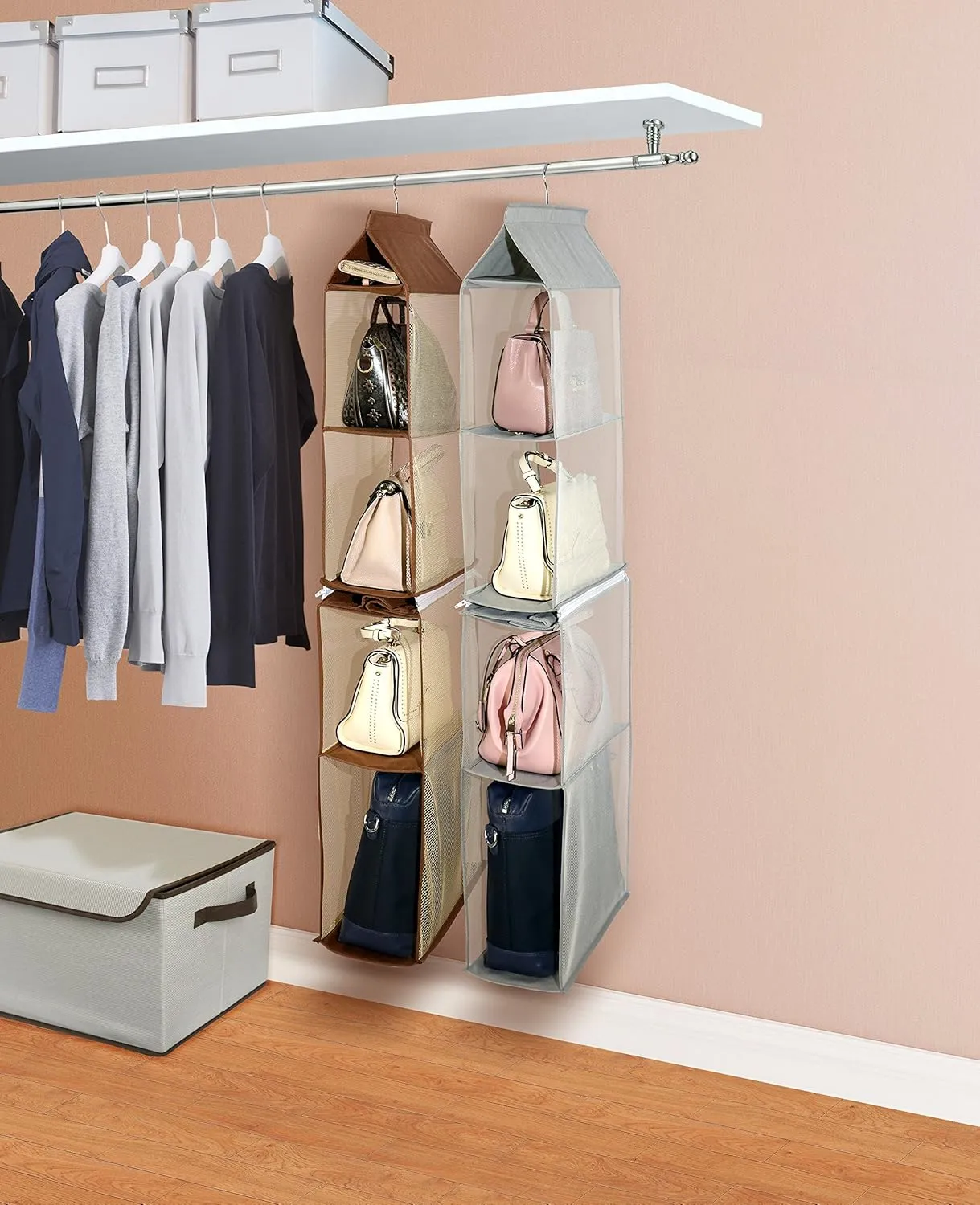 Detachable 4 Compartment Pouch Hanging Handbag Organizer Clear Purse Bag Storage Holder Wardrobe Closet Space Saving Organizers System for Living Room Bedroom(Pack of 2 Brown)