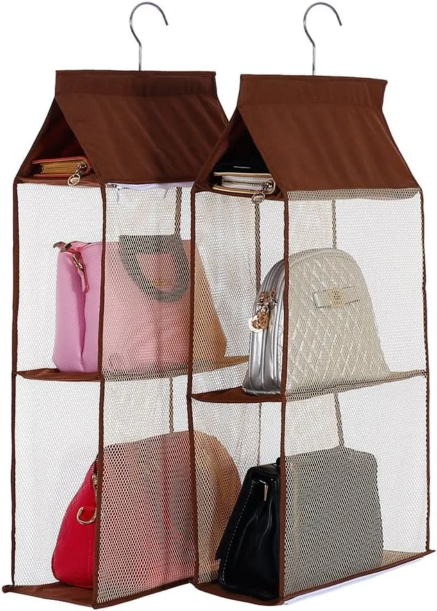 Detachable 4 Compartment Pouch Hanging Handbag Organizer Clear Purse Bag Storage Holder Wardrobe Closet Space Saving Organizers System for Living Room Bedroom(Pack of 2 Brown)