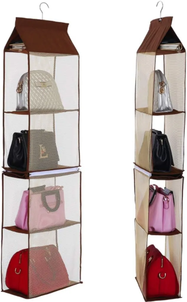 Detachable 4 Compartment Pouch Hanging Handbag Organizer Clear Purse Bag Storage Holder Wardrobe Closet Space Saving Organizers System for Living Room Bedroom(Pack of 2 Brown)