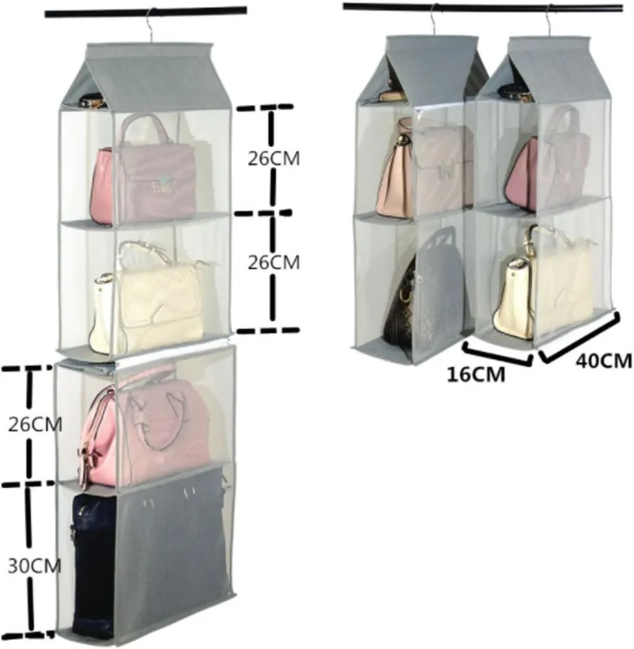 Detachable 4 Compartment Pouch Hanging Handbag Organizer Clear Purse Bag Storage Holder Wardrobe Closet Space Saving Organizers System for Living Room Bedroom(Pack of 2 Brown)