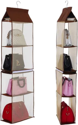 Detachable 4 Compartment Pouch Hanging Handbag Organizer Clear Purse Bag Storage Holder Wardrobe Closet Space Saving Organizers System for Living Room Bedroom(Pack of 2 Brown)