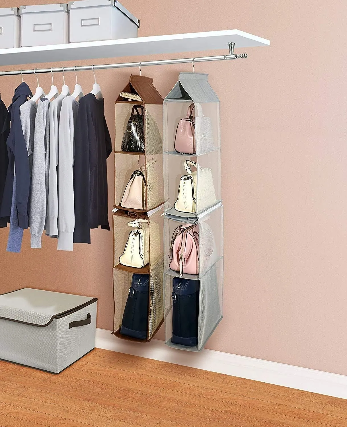 Detachable 6 Compartment Organizer Pouch Hanging Handbag Organizer Purse Bag Collection Storage Holder Wardrobe Closet Space Saving Organizers System For Living Room Bedroom Home Use (Grey)