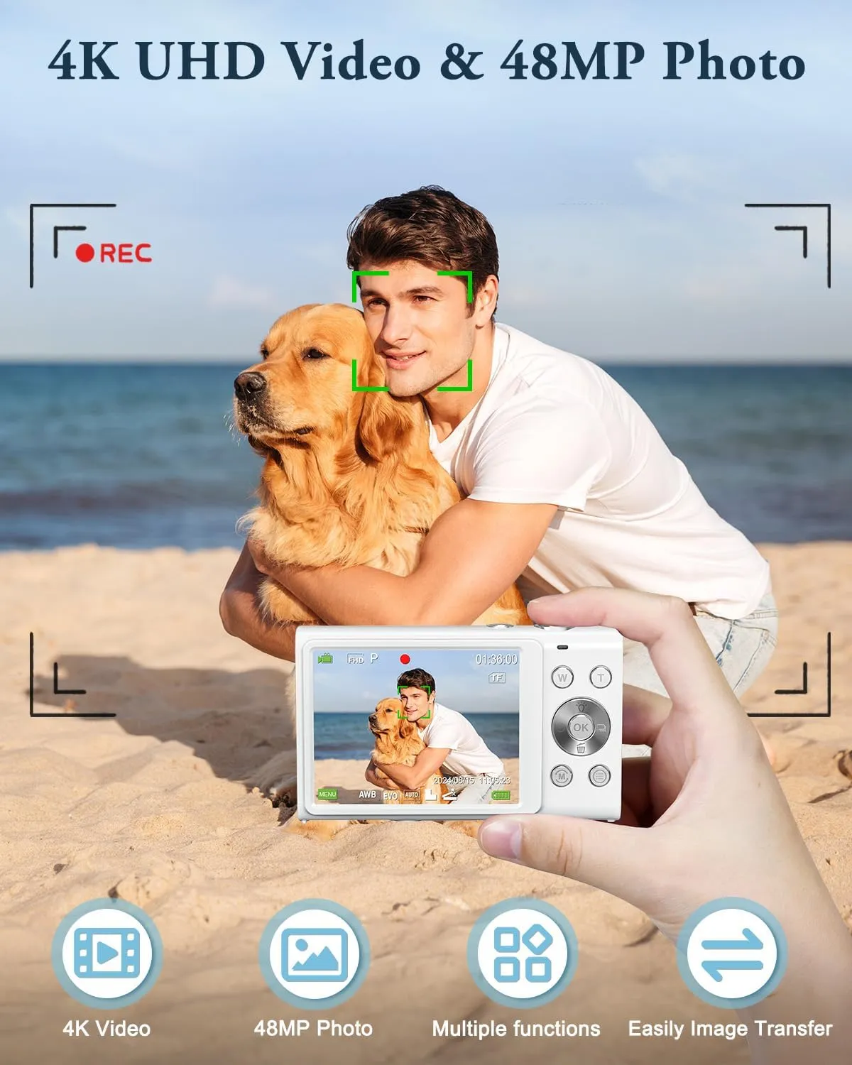 Digital Camera, 4K Autofocus Vlogging Camera with Flash, 48MP Point and Shoot Digital Camera with 16X Zoom, Anti-Shake, 32GB Card, Portable Compact Camera for Teens Adult Beginner(White)