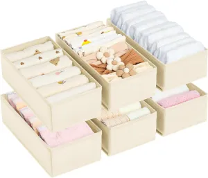 DIMJ Drawer Organizer Clothes - Underwear Organizer Small Sock Organizer Closet Organizers and Storage Box Dresser Drawer Dividers for Baby Clothes,Bra,Socks, Belt, Tie, Set of 6,Beige