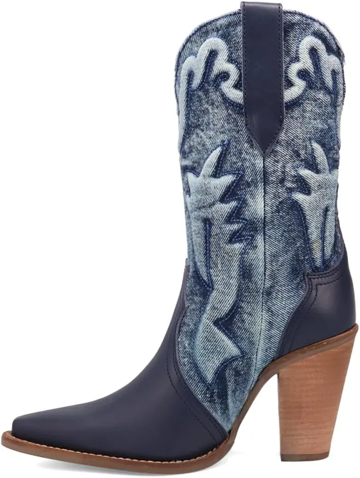 Dingo Womens Tipsy Embroidered Pointed Toe Casual Boots Ankle High Heel 3" & Up - Blue