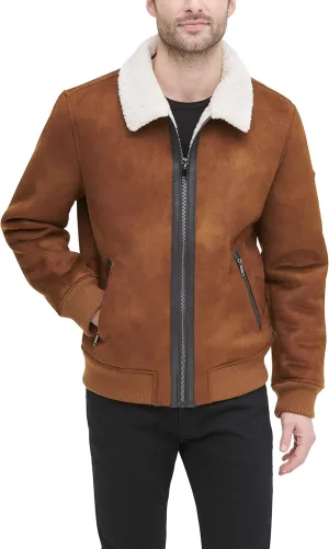 DKNY Men's Shearling Bomber Jacket with Faux Fur Collar