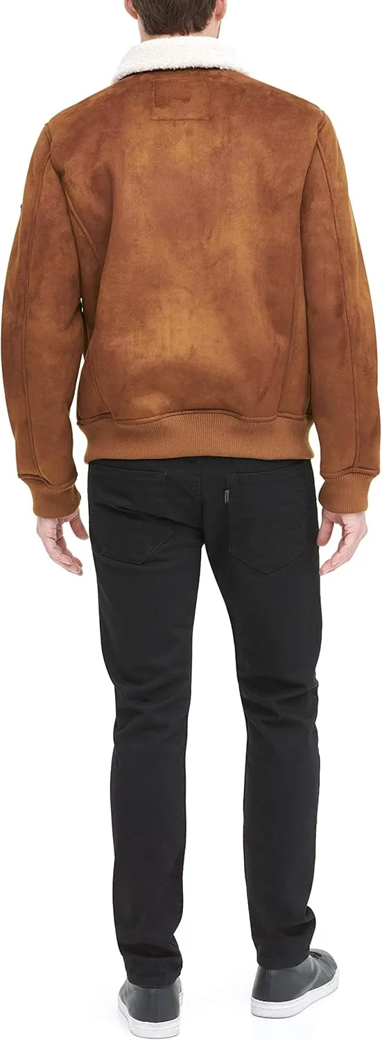DKNY Men's Shearling Bomber Jacket with Faux Fur Collar