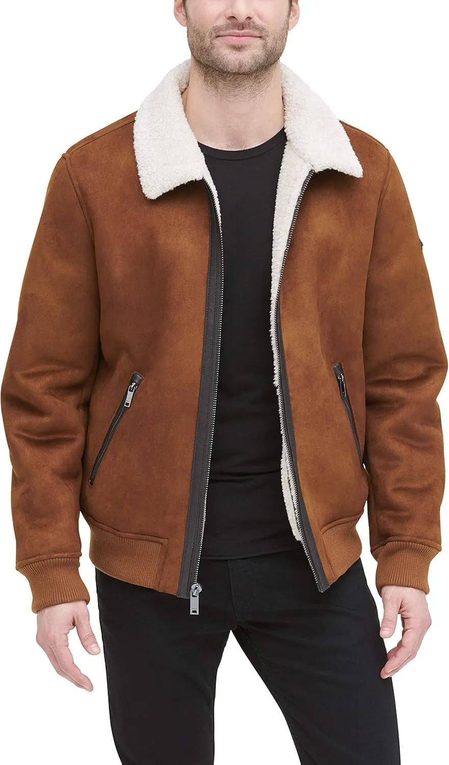 DKNY Men's Shearling Bomber Jacket with Faux Fur Collar