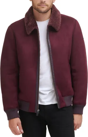 DKNY Men's Shearling Bomber Jacket with Faux Fur Collar
