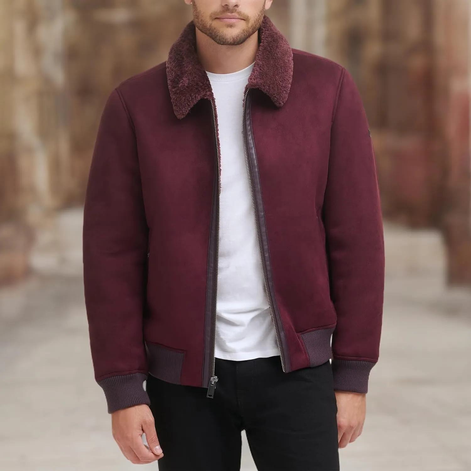 DKNY Men's Shearling Bomber Jacket with Faux Fur Collar