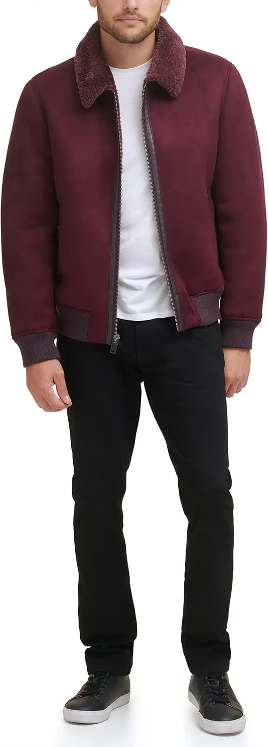 DKNY Men's Shearling Bomber Jacket with Faux Fur Collar