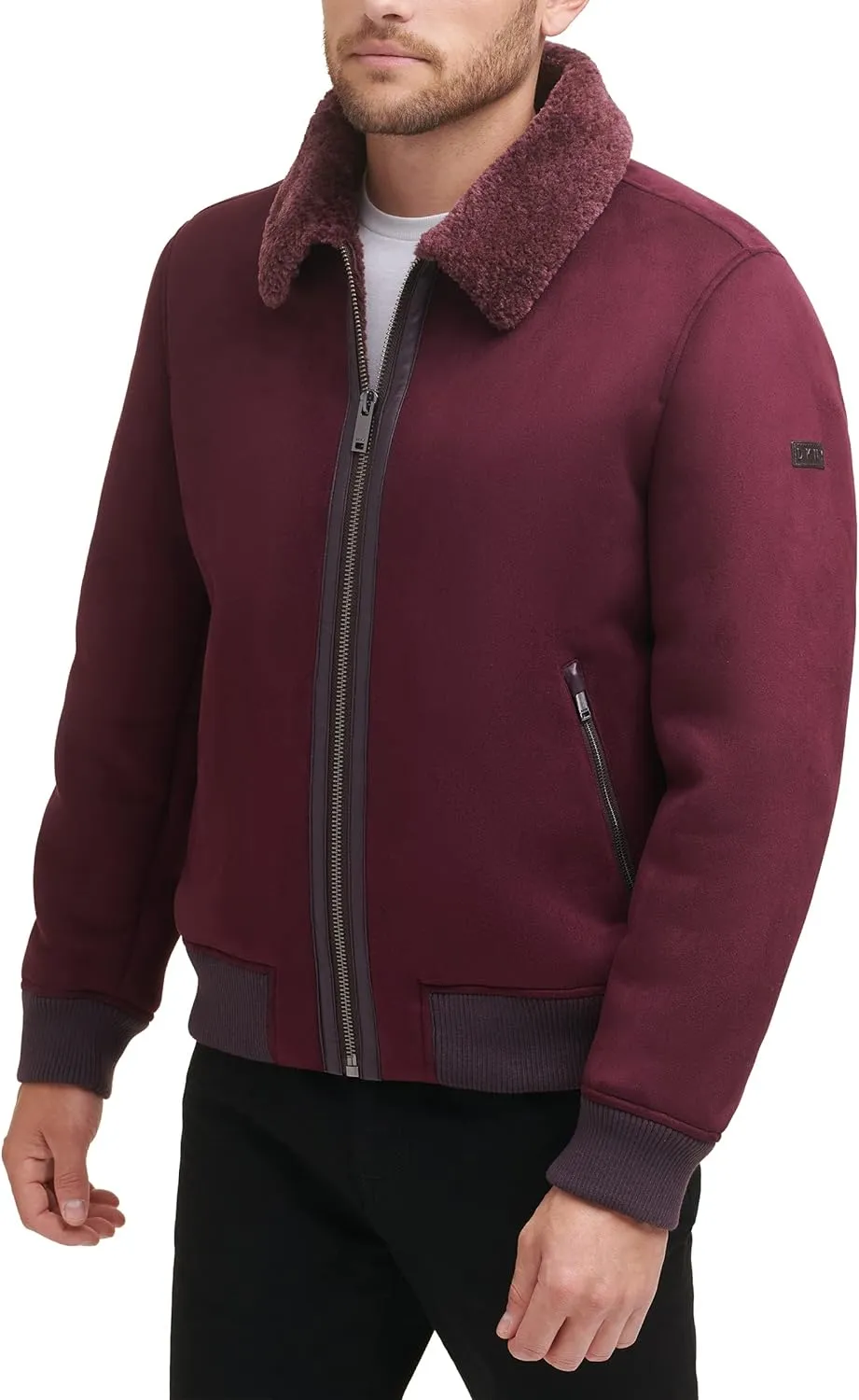 DKNY Men's Shearling Bomber Jacket with Faux Fur Collar