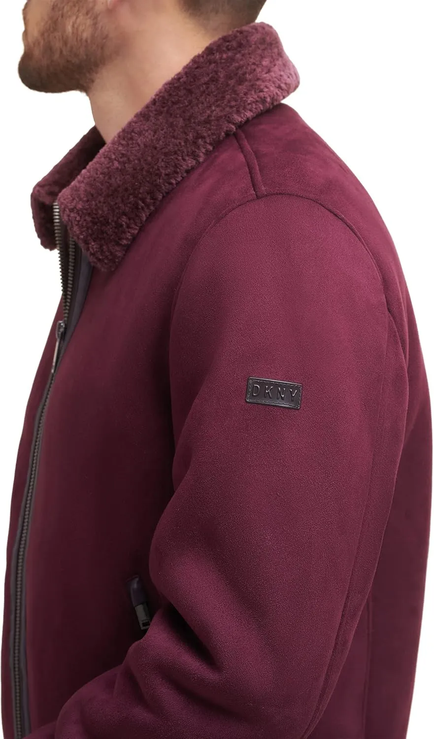 DKNY Men's Shearling Bomber Jacket with Faux Fur Collar
