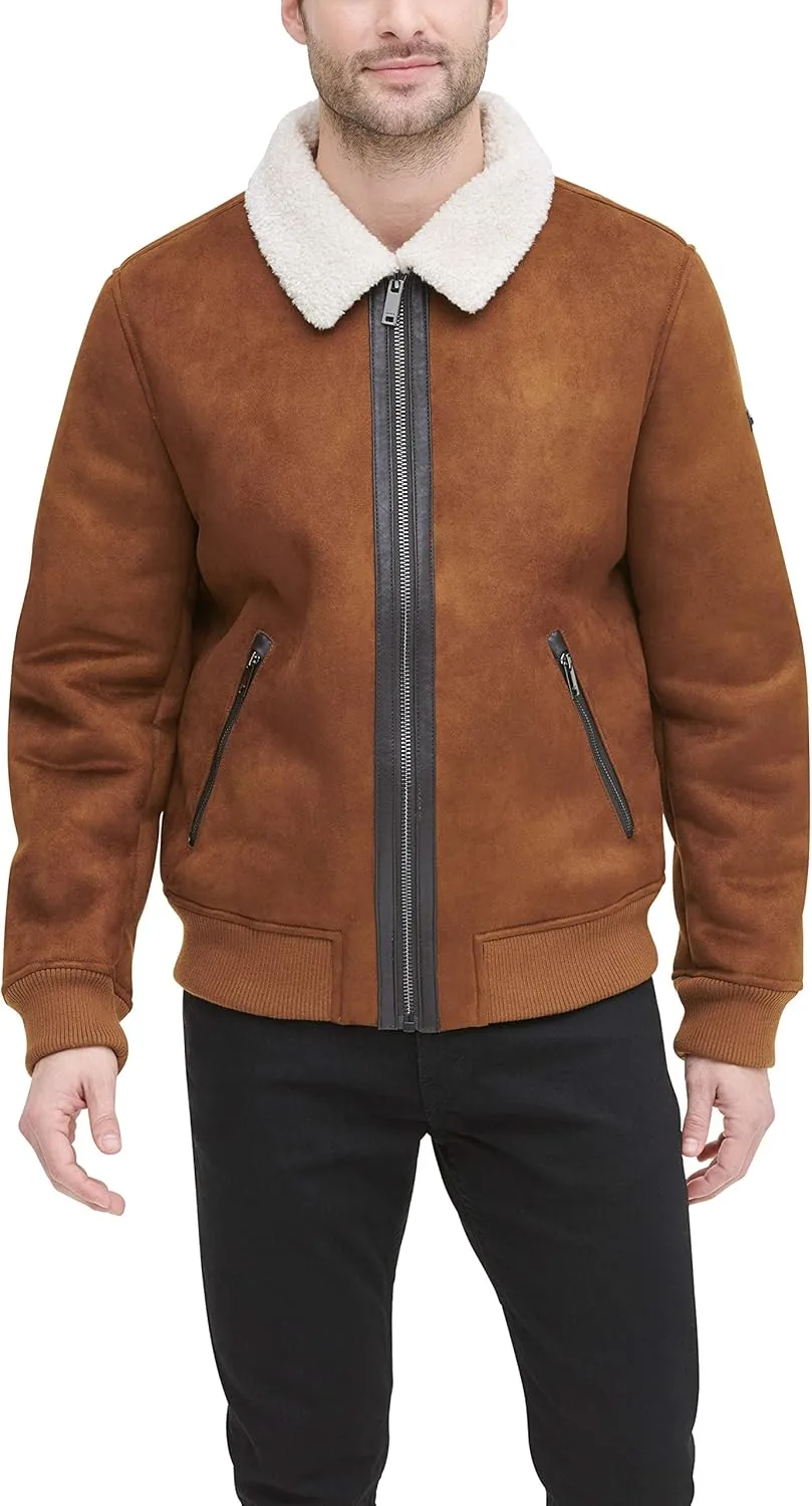 DKNY Men's Shearling Bomber Jacket with Faux Fur Collar