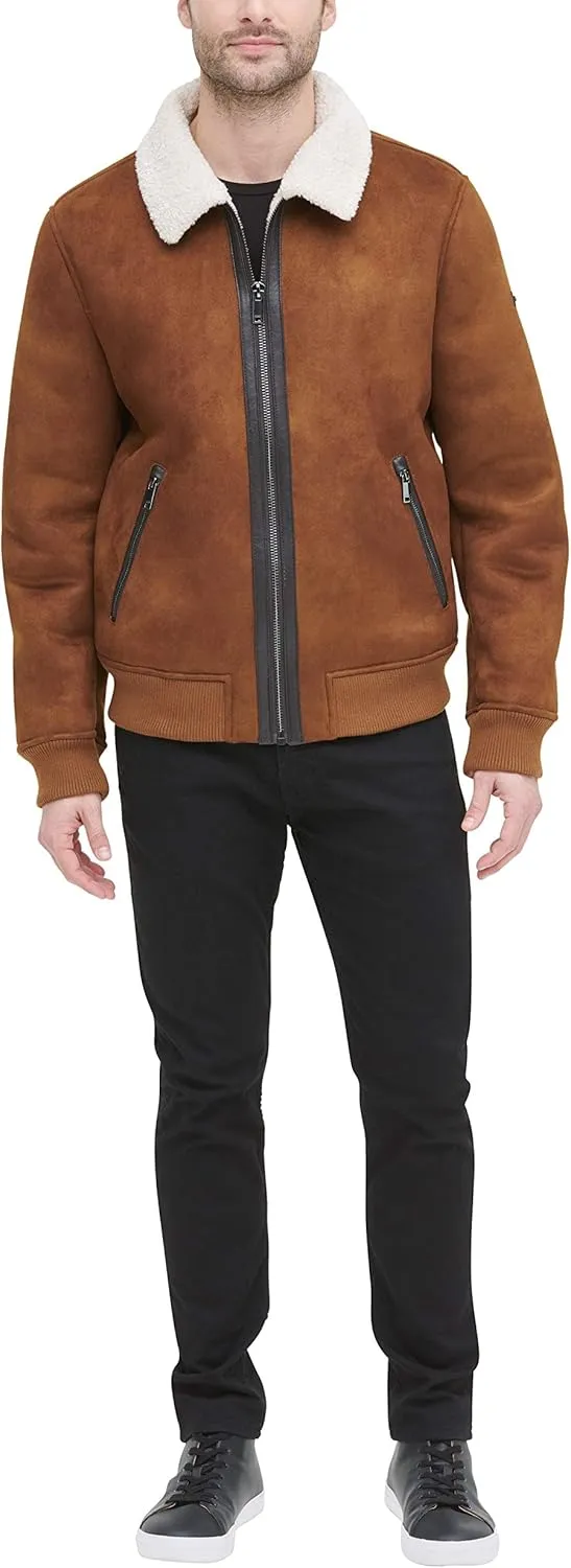 DKNY Men's Shearling Bomber Jacket with Faux Fur Collar