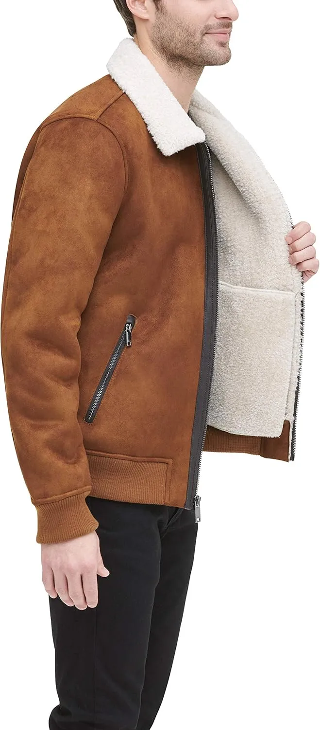 DKNY Men's Shearling Bomber Jacket with Faux Fur Collar
