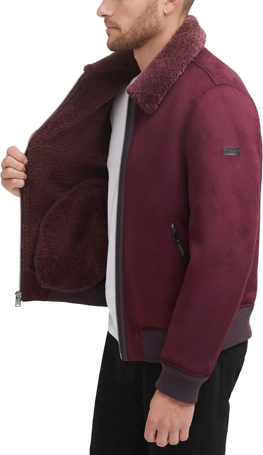 DKNY Men's Shearling Bomber Jacket with Faux Fur Collar