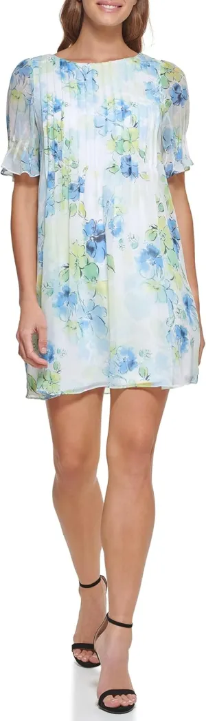 DKNY womens Pleated Front Cinch Sleeve Flowy Dress