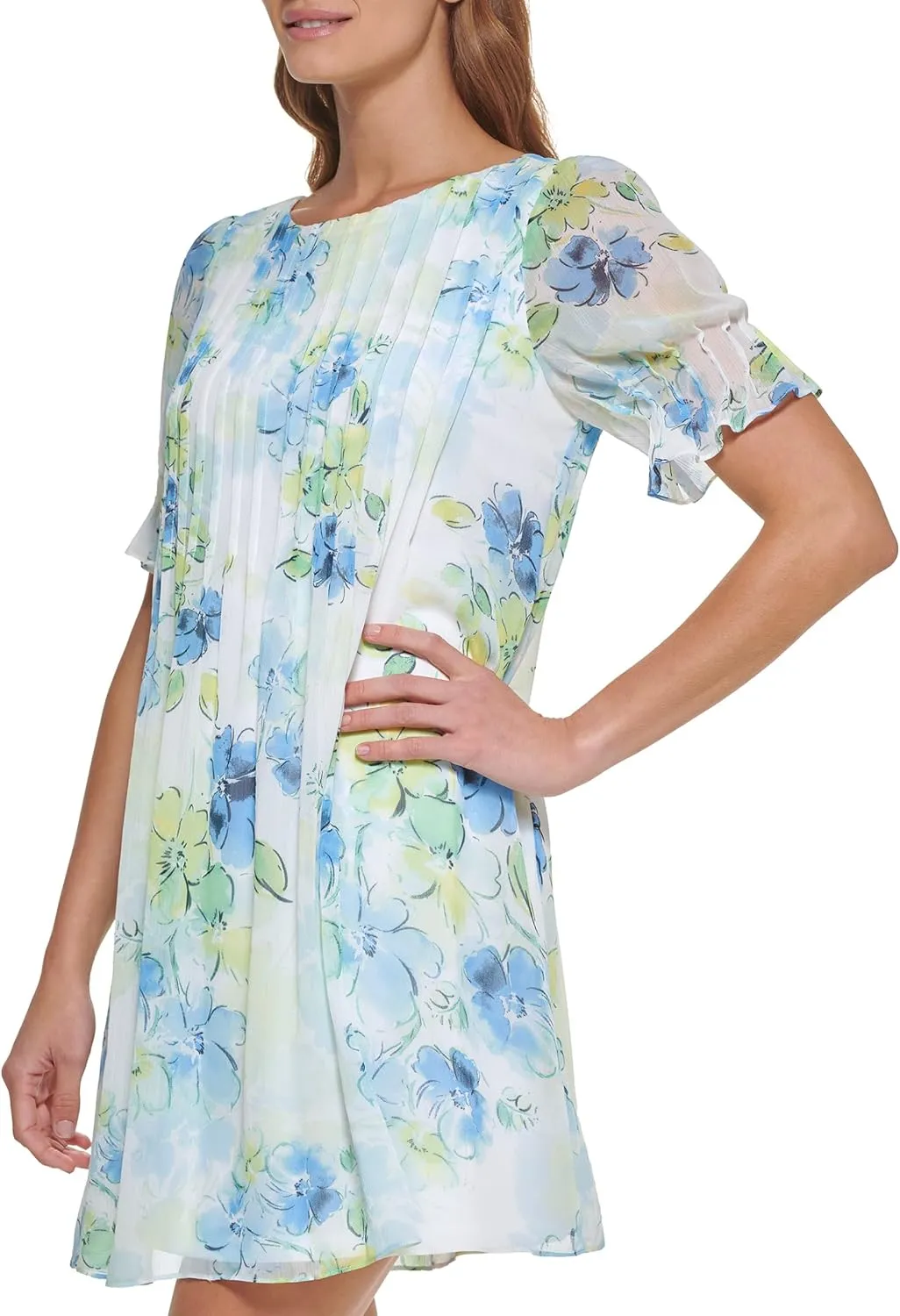 DKNY womens Pleated Front Cinch Sleeve Flowy Dress