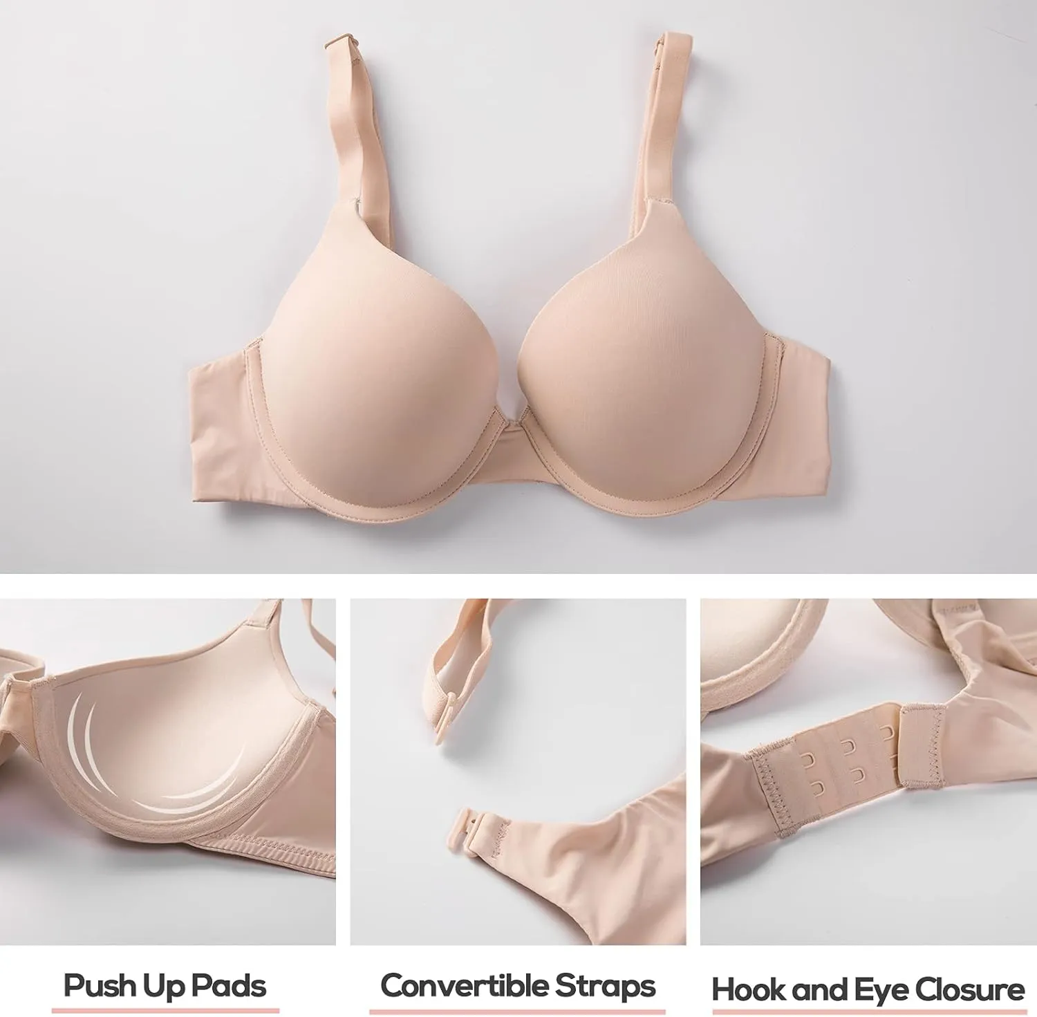 DOBREVA Women's Push Up T-Shirt Bra Underwire Padded Bras Plunge Full Coverage