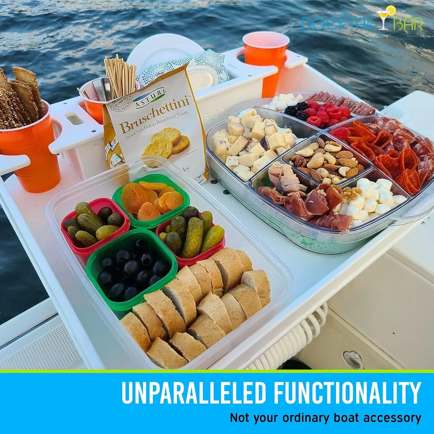 Docktail Bar Boat Utility Table w/Cup Holders & Storage - Boat Table Mount in Rod Holders - Package Includes Fully Adjustable Rod Holder Mount - Perfect Boat Accessories Marine Grill Table - Portable