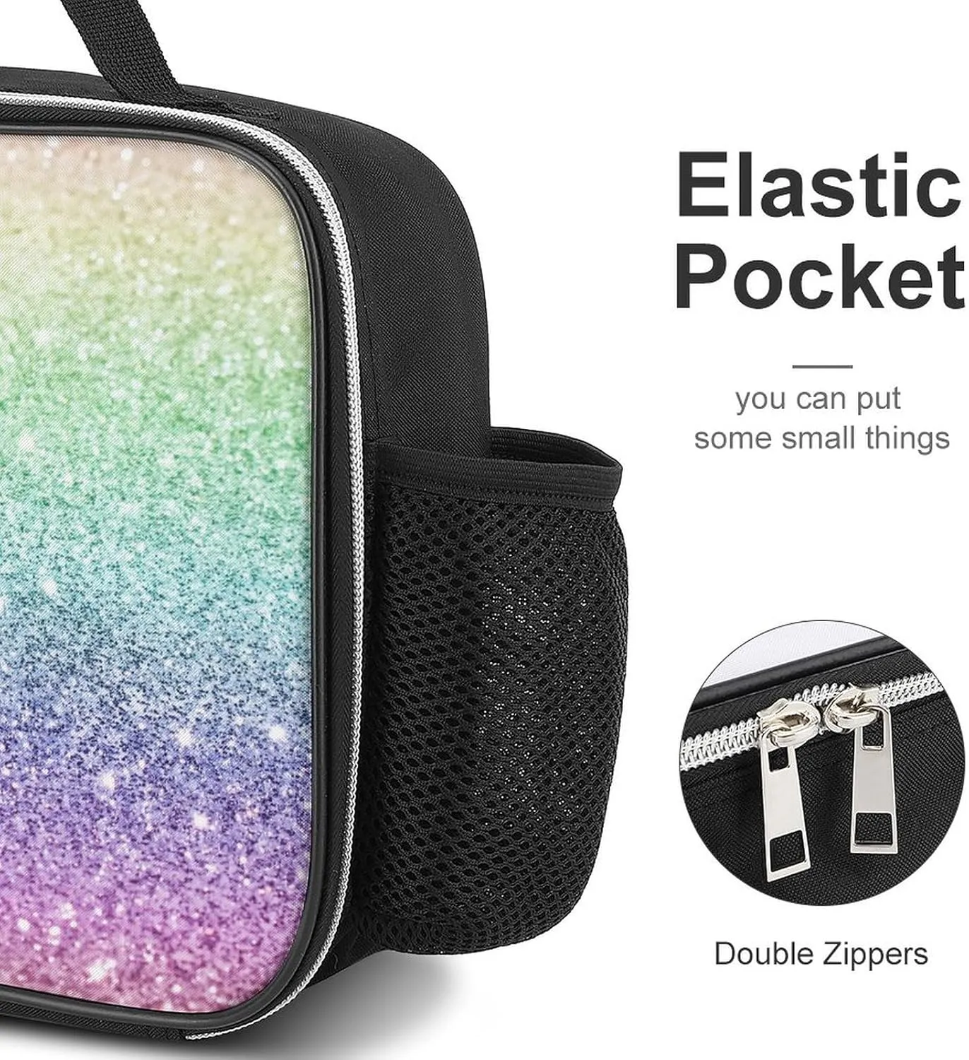 Donnapink Polyester Lunch Meal Bag with Buckled Handle, Lunchbox Bag Thermal Insulated Cooler Leakproof Picnic 10.6x3.5x8.3 in Print Rainbow Multi-Colored Glitter Glare Pattern