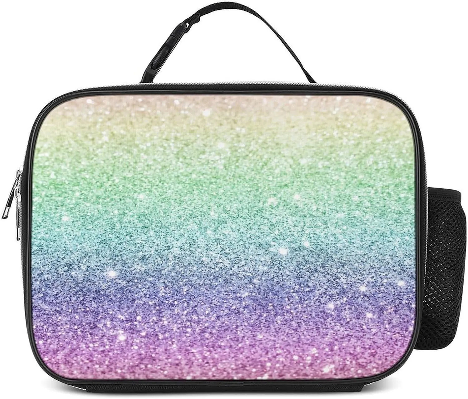 Donnapink Polyester Lunch Meal Bag with Buckled Handle, Lunchbox Bag Thermal Insulated Cooler Leakproof Picnic 10.6x3.5x8.3 in Print Rainbow Multi-Colored Glitter Glare Pattern