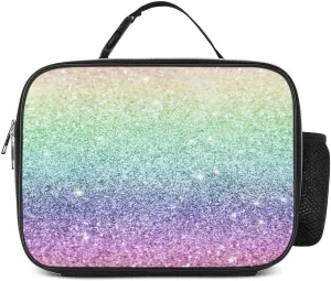 Donnapink Polyester Lunch Meal Bag with Buckled Handle, Lunchbox Bag Thermal Insulated Cooler Leakproof Picnic 10.6x3.5x8.3 in Print Rainbow Multi-Colored Glitter Glare Pattern