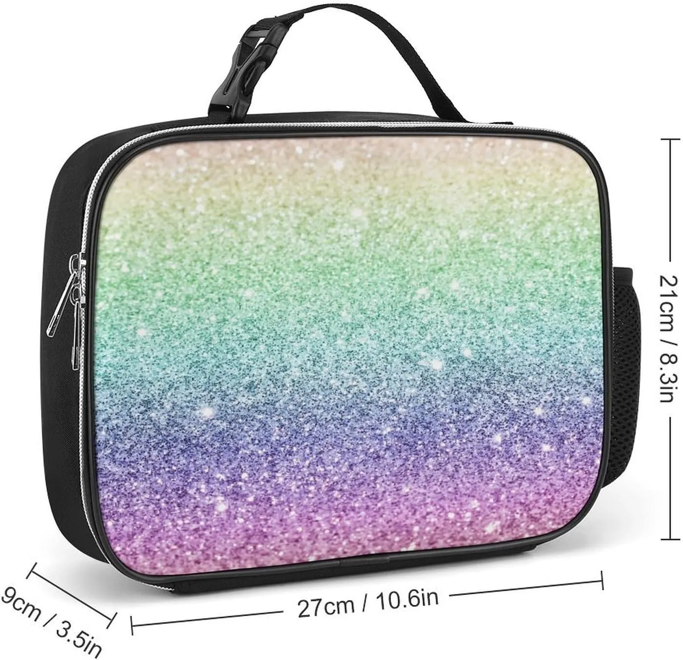 Donnapink Polyester Lunch Meal Bag with Buckled Handle, Lunchbox Bag Thermal Insulated Cooler Leakproof Picnic 10.6x3.5x8.3 in Print Rainbow Multi-Colored Glitter Glare Pattern