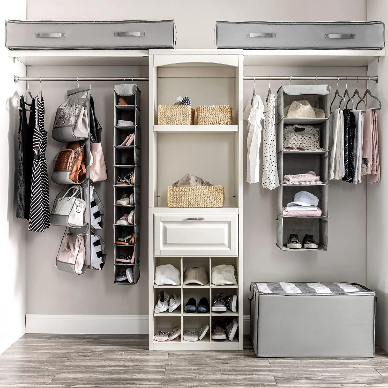 Double R Bags Hanging Shoe Organizer for Closet with Side Mesh Pockets 10 Shelf Pack Of 1 Grey