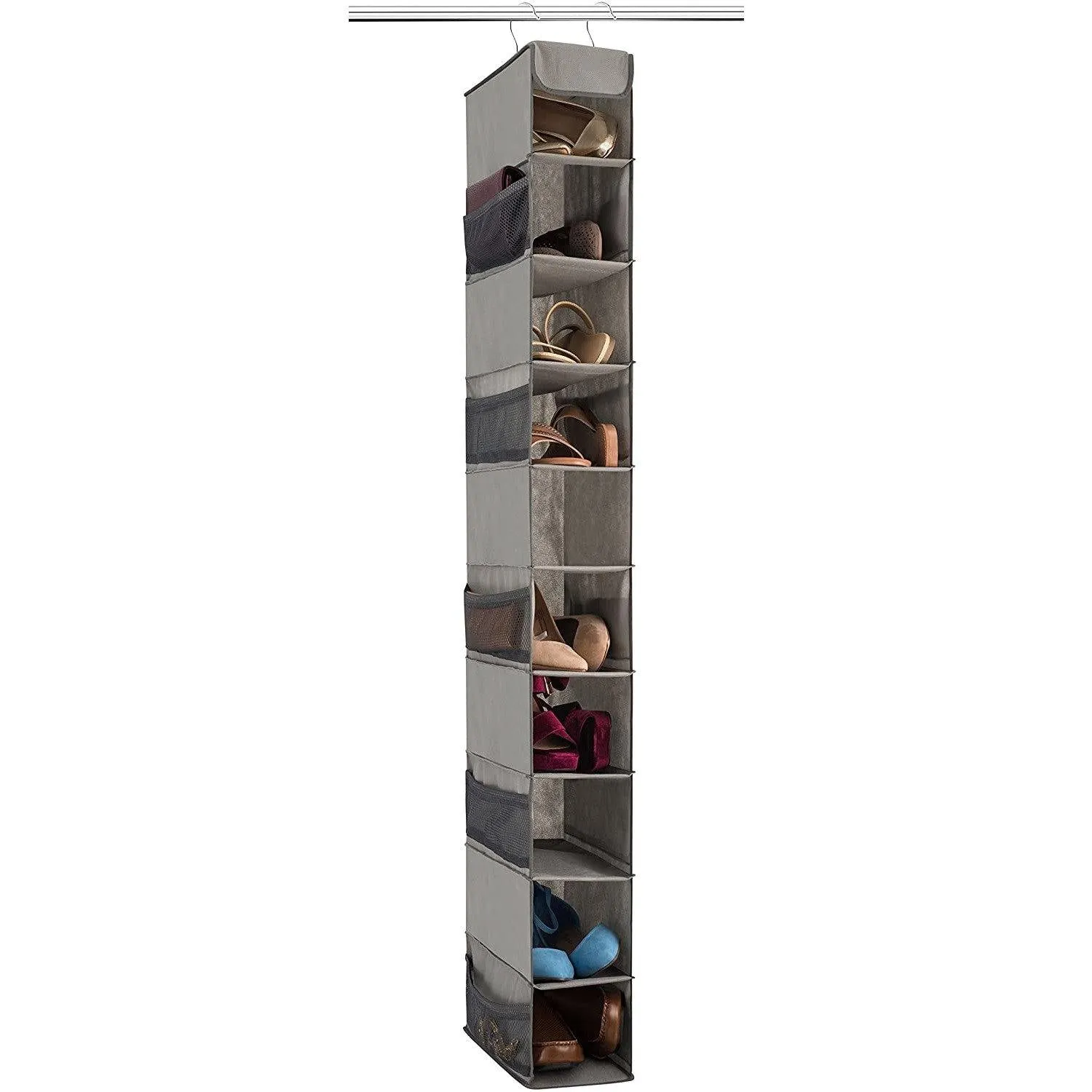 Double R Bags Hanging Shoe Organizer for Closet with Side Mesh Pockets 10 Shelf Pack Of 1 Grey