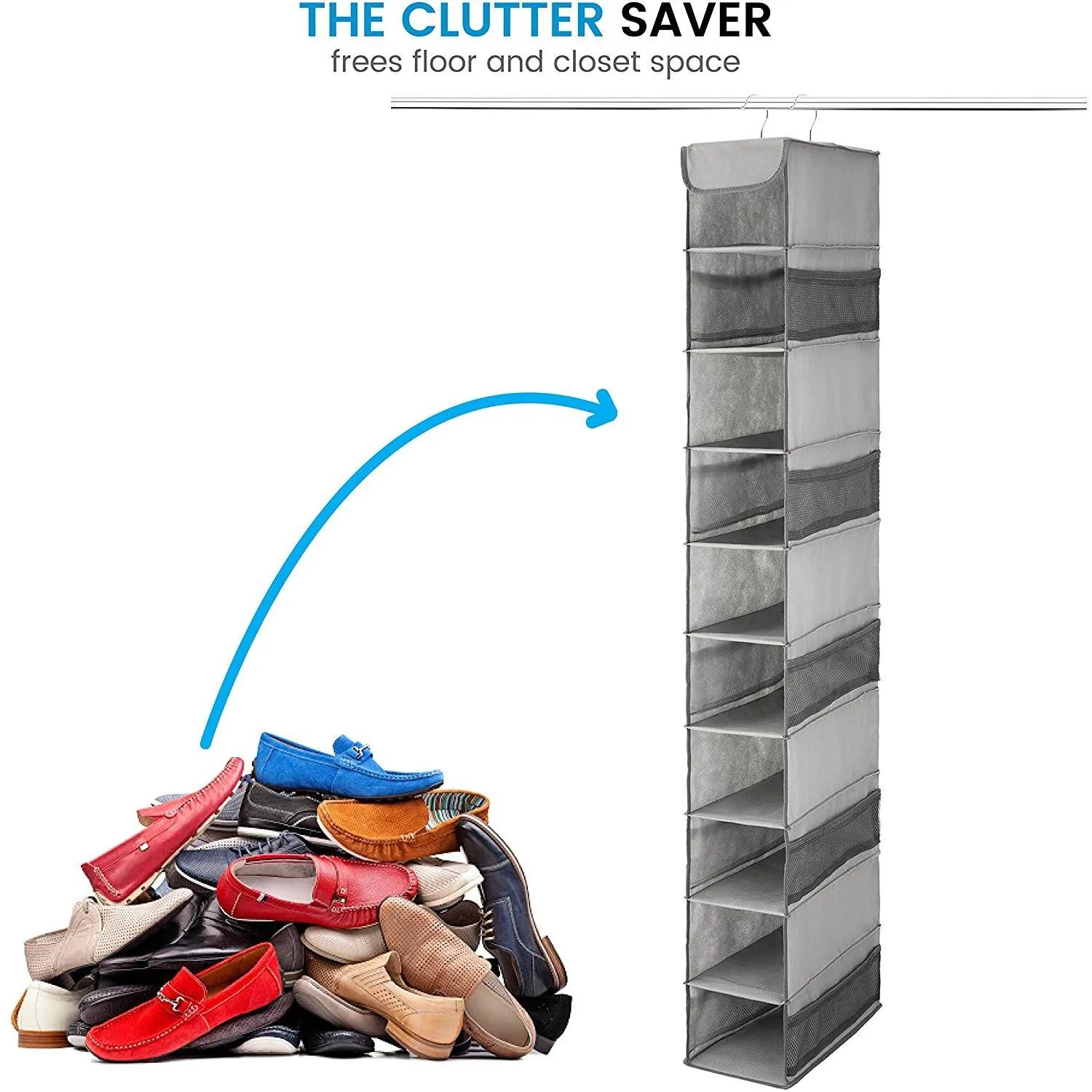 Double R Bags Hanging Shoe Organizer for Closet with Side Mesh Pockets 10 Shelf Pack Of 1 Grey