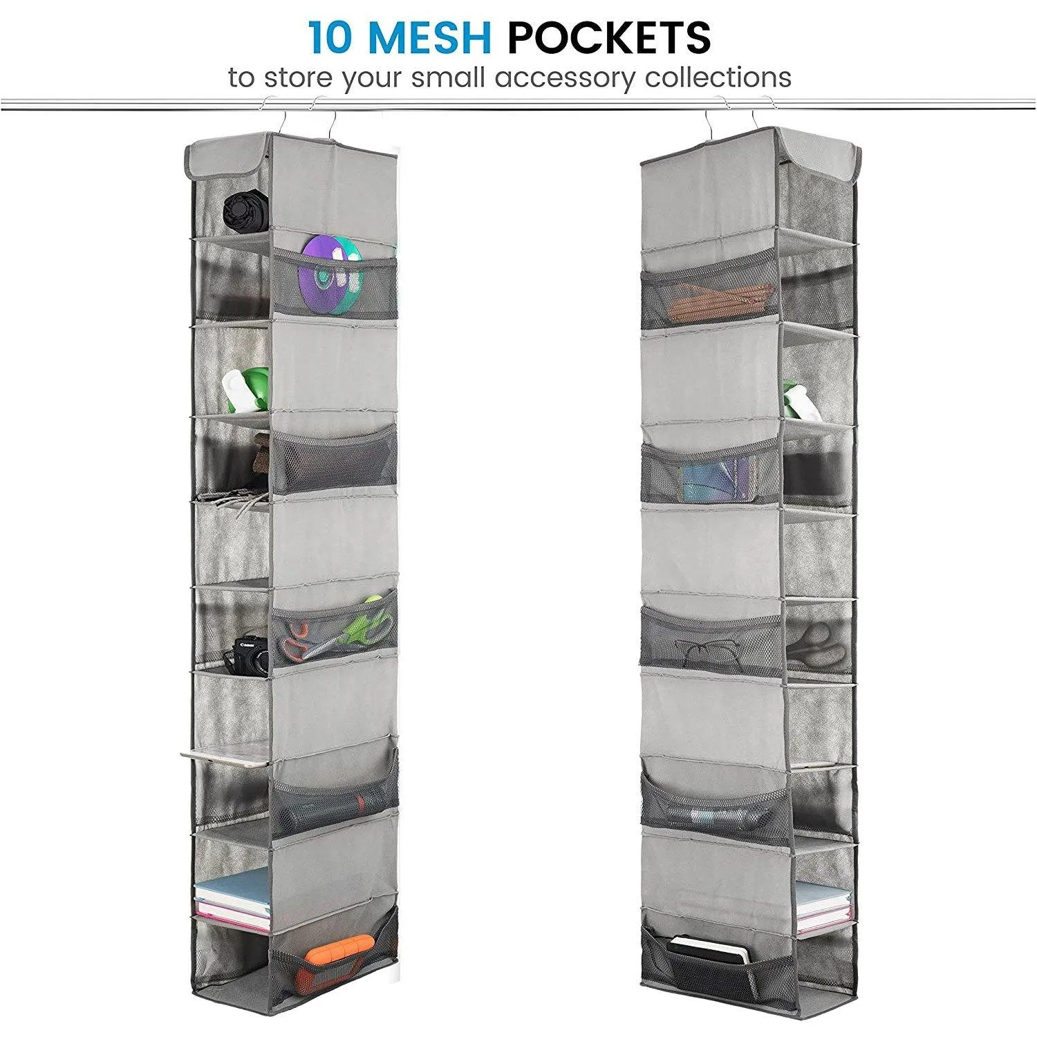 Double R Bags Hanging Shoe Organizer for Closet with Side Mesh Pockets 10 Shelf Pack Of 1 Grey
