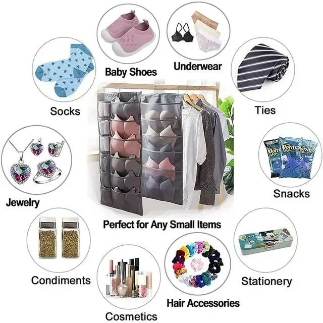Double-Sided 30 Pocket Hanging Organizer Set Grey (Handbag & Undergarment Storage)