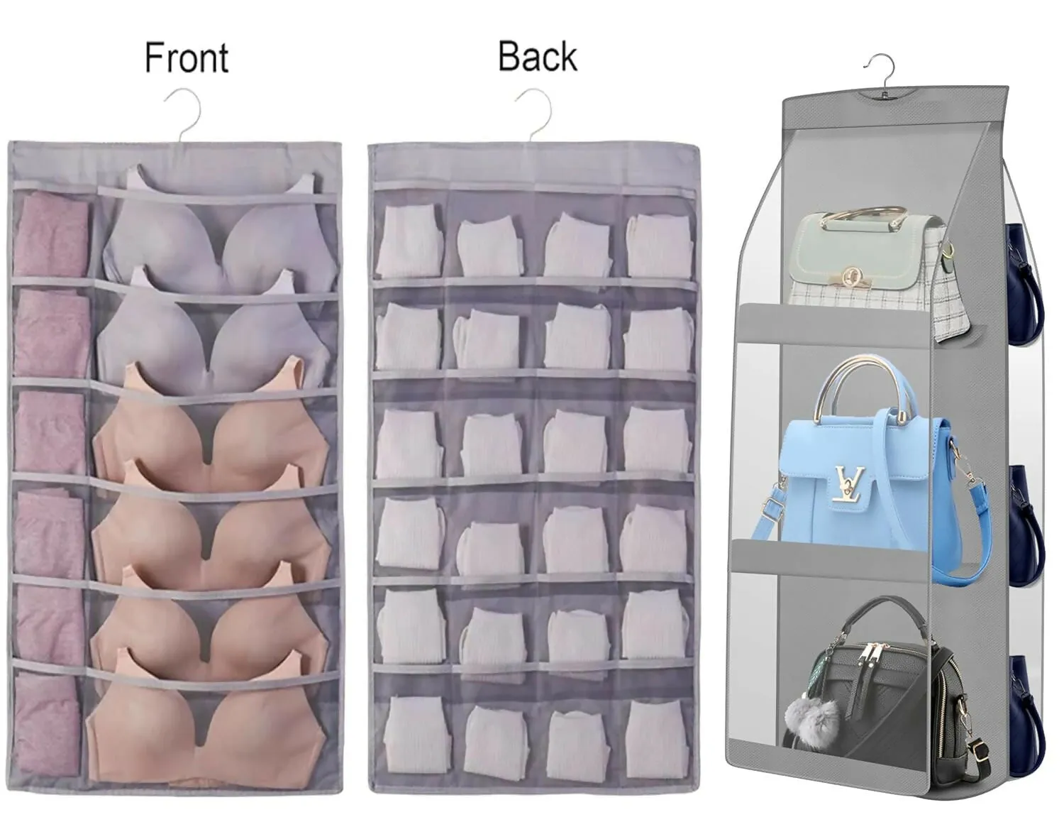 Double-Sided 30 Pocket Hanging Organizer Set Grey (Handbag & Undergarment Storage)
