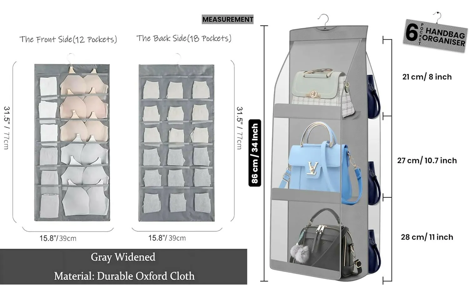 Double-Sided 30 Pocket Hanging Organizer Set Grey (Handbag & Undergarment Storage)