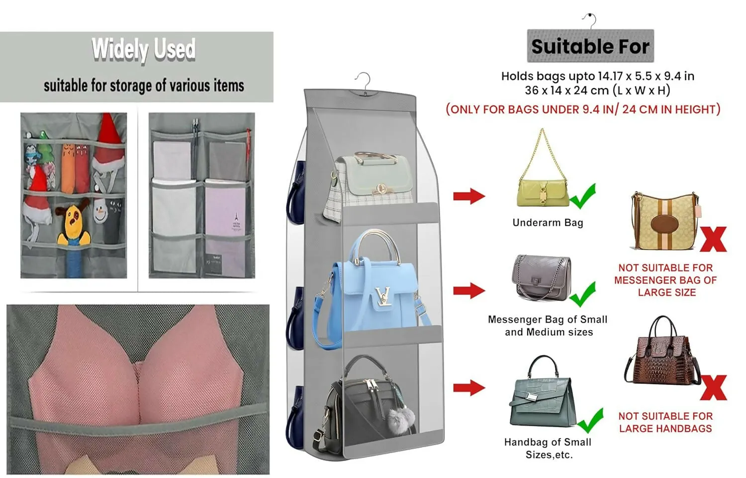 Double-Sided 30 Pocket Hanging Organizer Set Grey (Handbag & Undergarment Storage)