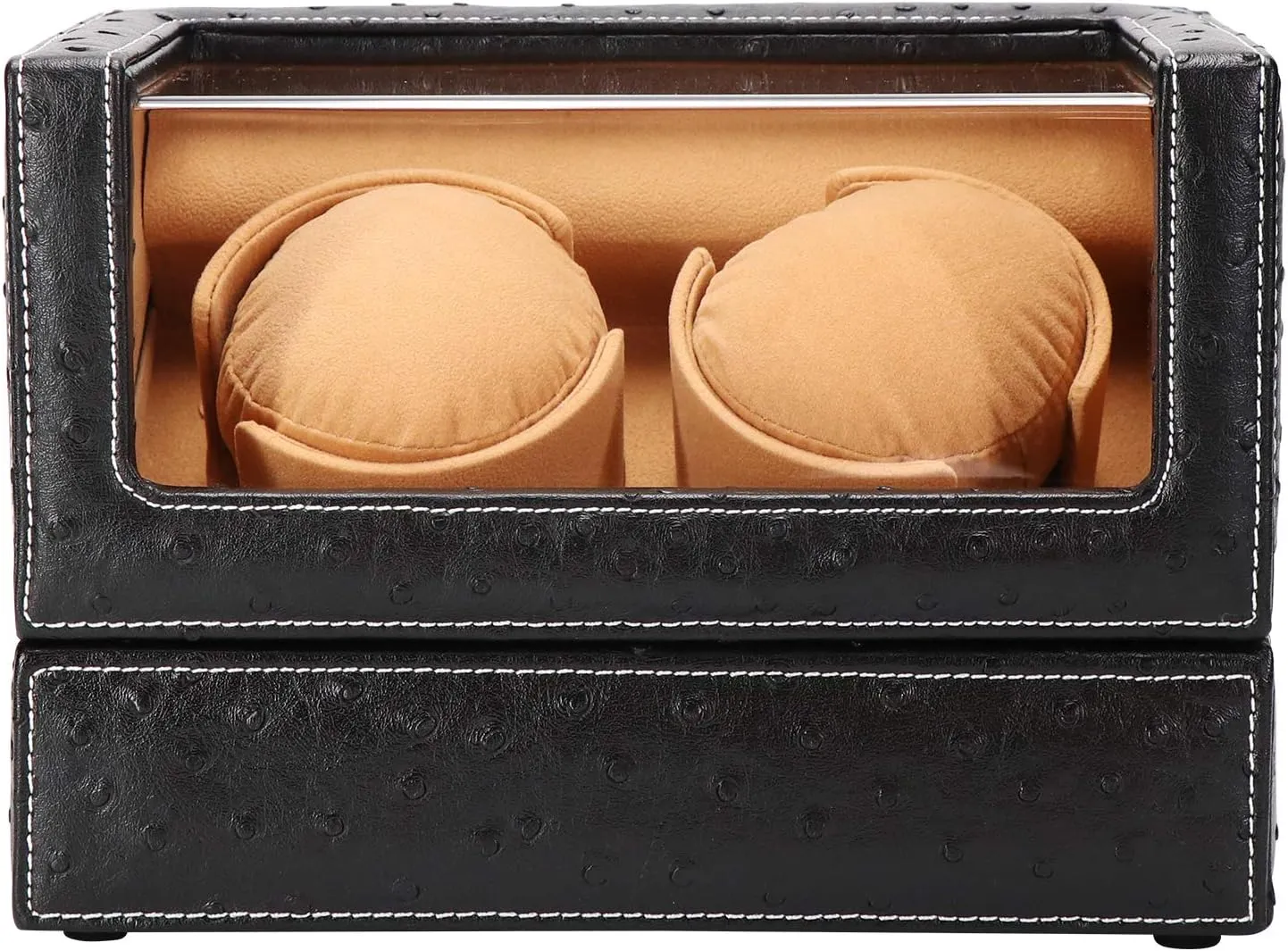 Double Watch Winder for Rolex and Other Luxury Watches - Automatic Winder with Quiet Motor, Premium Black Ostrich Leather Exterior and Soft Flexible Watch Pillows of Camel Velvet