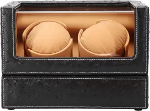 Double Watch Winder for Rolex and Other Luxury Watches - Automatic Winder with Quiet Motor, Premium Black Ostrich Leather Exterior and Soft Flexible Watch Pillows of Camel Velvet