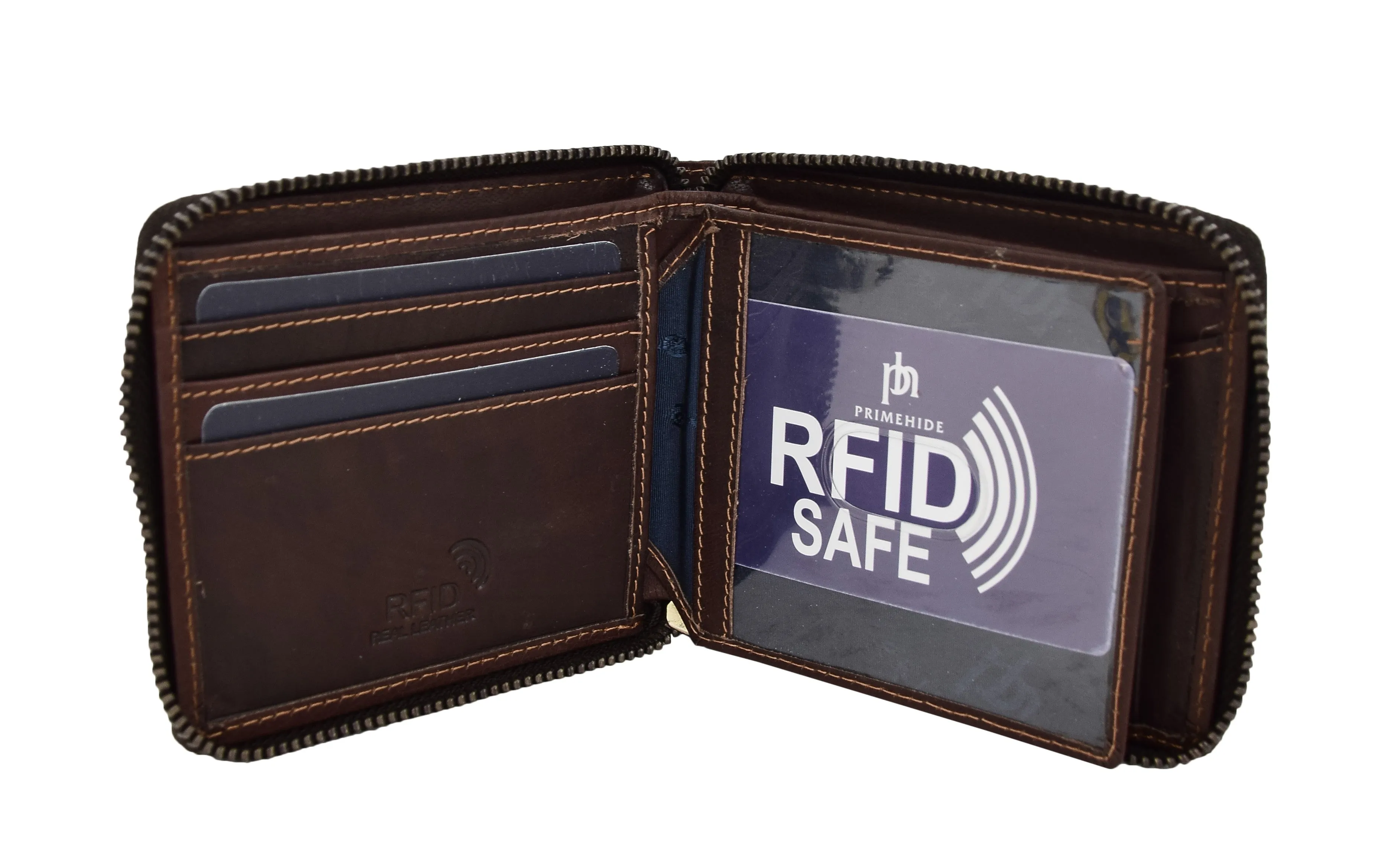 DR411 Men's Rfid Zip Around Real Leather Cards Coins Wallet Brown